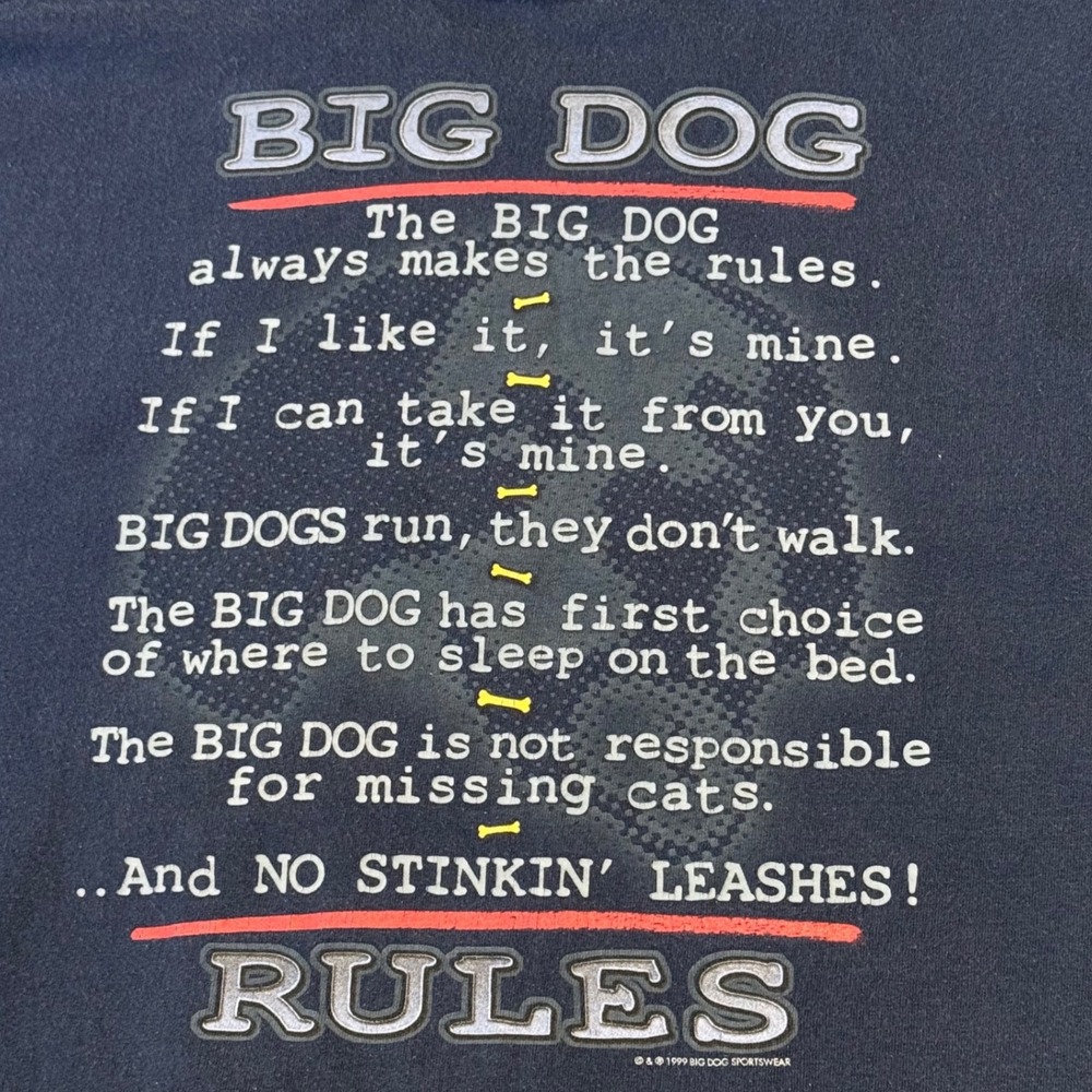 Vintage 1999 Big Dogs Rules Navy Blue Graphic T-Shirt Mens XXL Humor 90s‎ Tee
